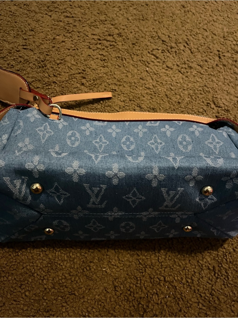 Unbranded designer inspired Denim Monogram Shoulder Bag in Blue with Tan Trim